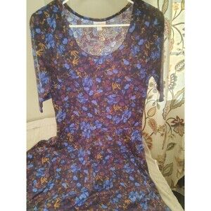 LuLaRoe Women's Floral Fit & Flare Knee Length Dress Purple Blue Short Sleeve L